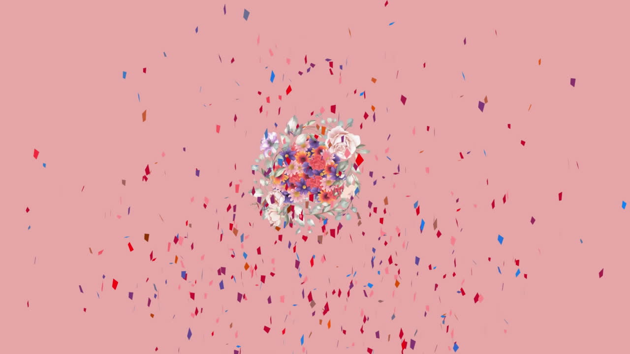분홍색 배경에 회전하는 꽃과 함께 떨어지는 콘페티의 애니메이션