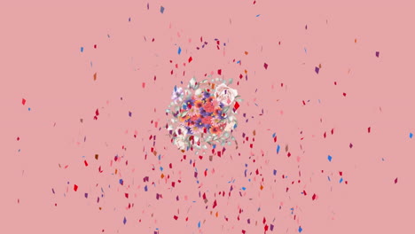 animation of confetti falling with spinning flowers on pink background