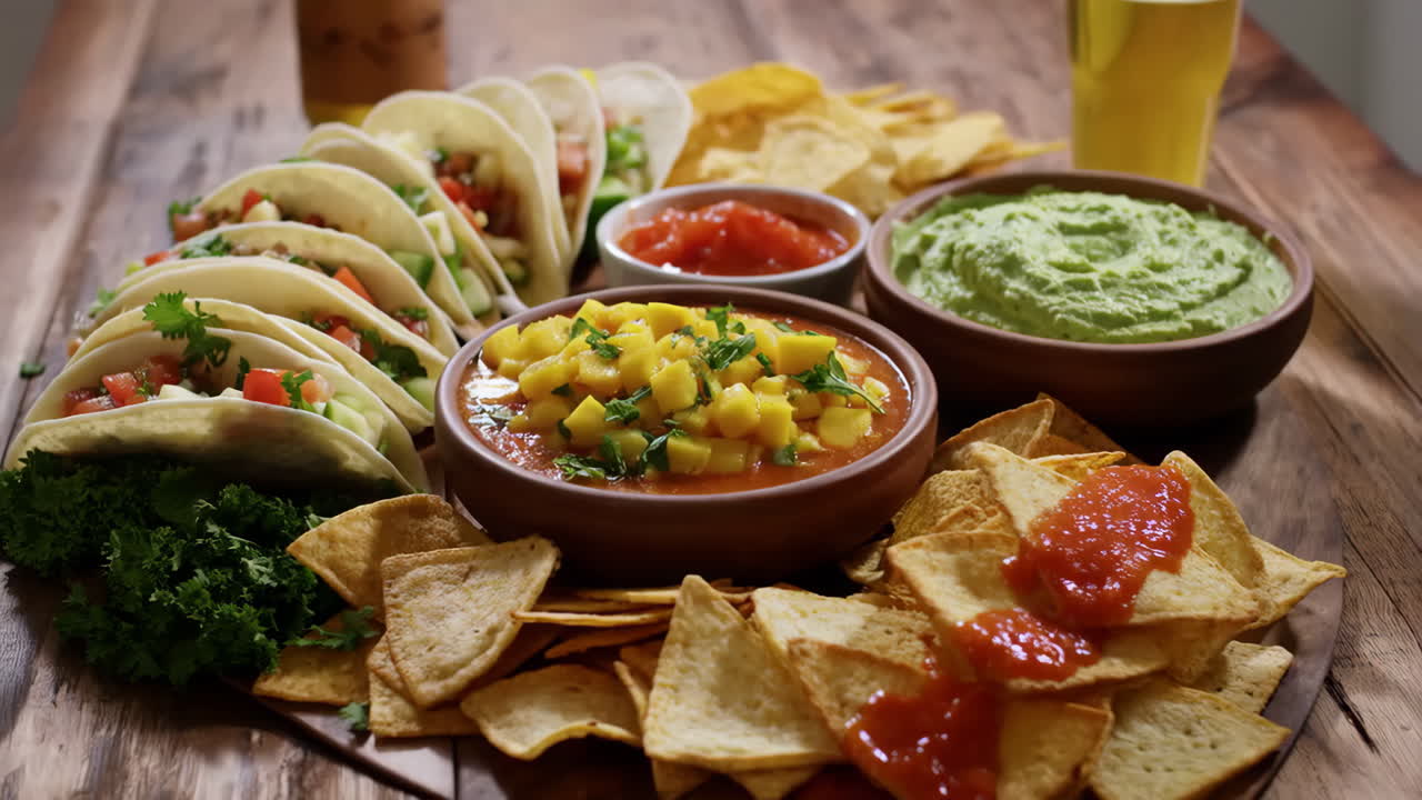 Mexican food platter with tacos, chips and dips
