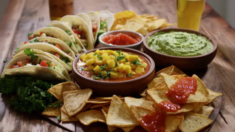 mexican food platter with tacos, chips and dips