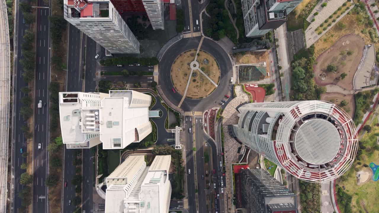Bird's-eye view of buildings in Santa Fe, Mexico City, from a drone