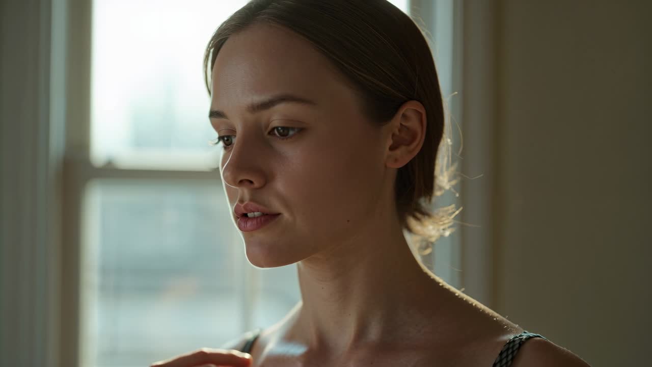 Standing woman shifting and touching strap at home by tall paned window, sunlight drawing gaze, bun