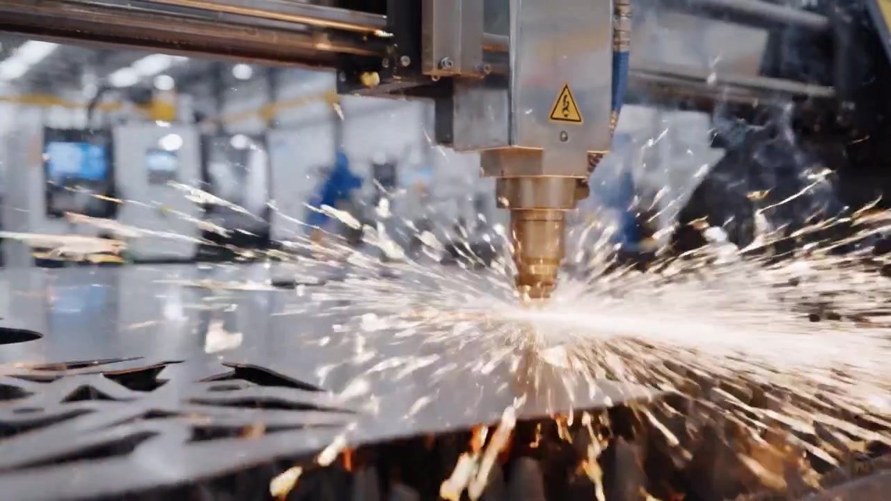 Højpræcisions metalskæringsproces på industriel lasermaskineri, der producerer gnister i et produktionsværkstedsmiljø.