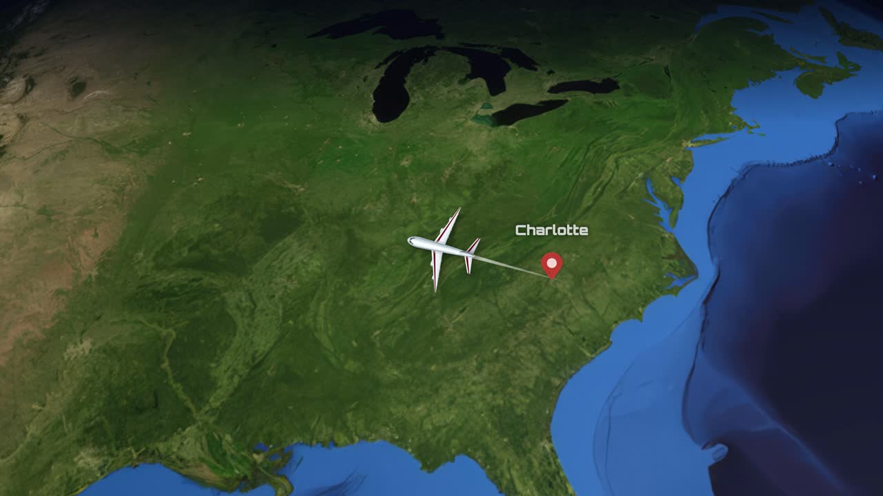 Satellite animation follows a commercial airplane flying across the United States from Charlotte to Denver