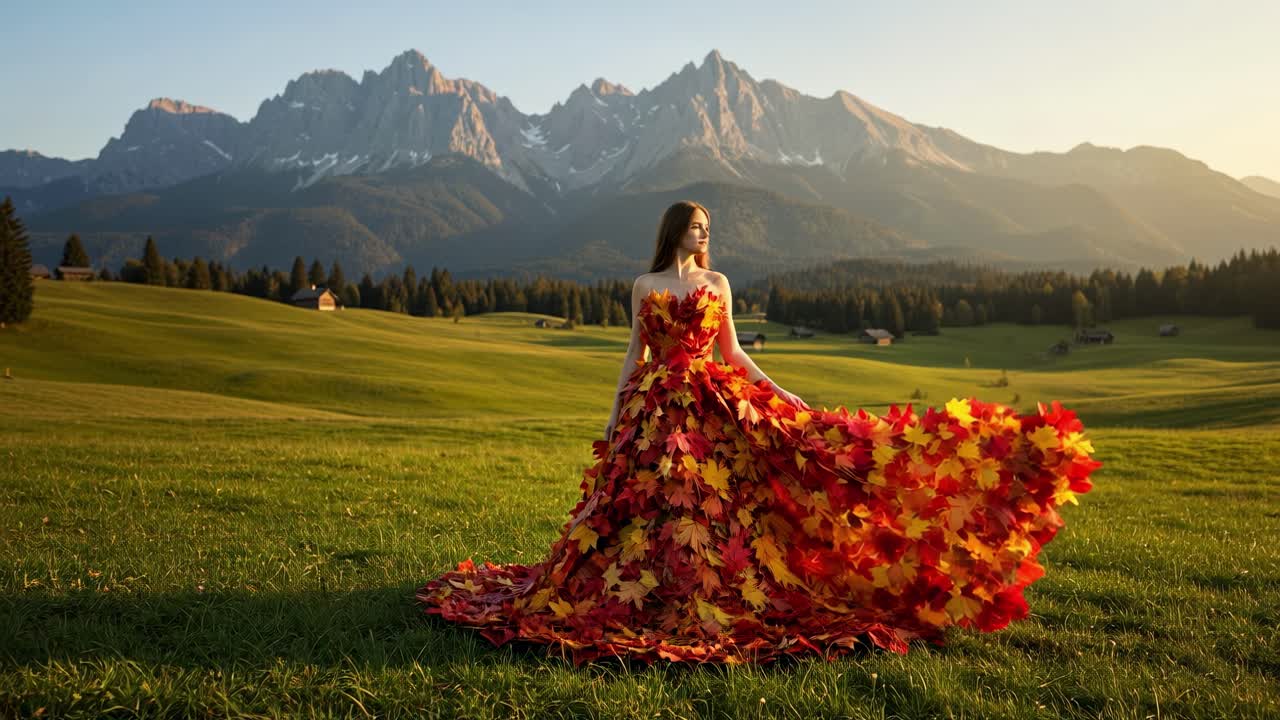 The model is showcasing a breathtaking leaf-patterned dress, perfectly set against a picturesque mountain backdrop during the enchanting golden hour