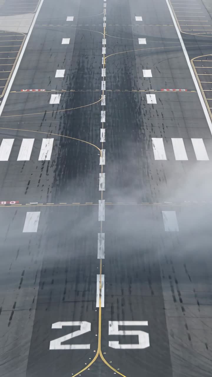 Video verticale: Pista 25 con nebbia che si sposta e telecamera che si muove, rivelando la linea centrale per l'aviazione.