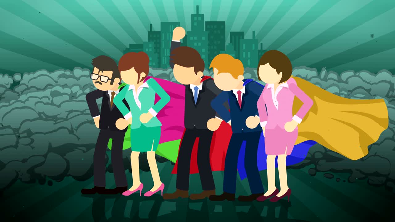 도시 배경에 서있는 슈퍼 히어로, 먼지 구름 근처, 비즈니스 팀 상징, 팀워크 및 성취 개념, 만화 루프 애니메이션.