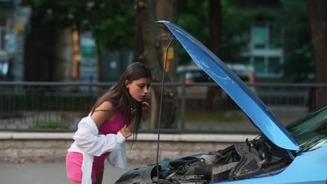 una mujer tratando de reparar un coche averiado.