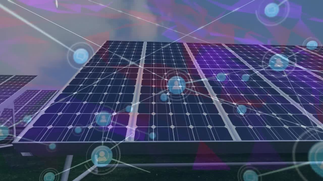 태양 전지 패널 위에 아이콘으로 연결된 네트워크의 애니메이션