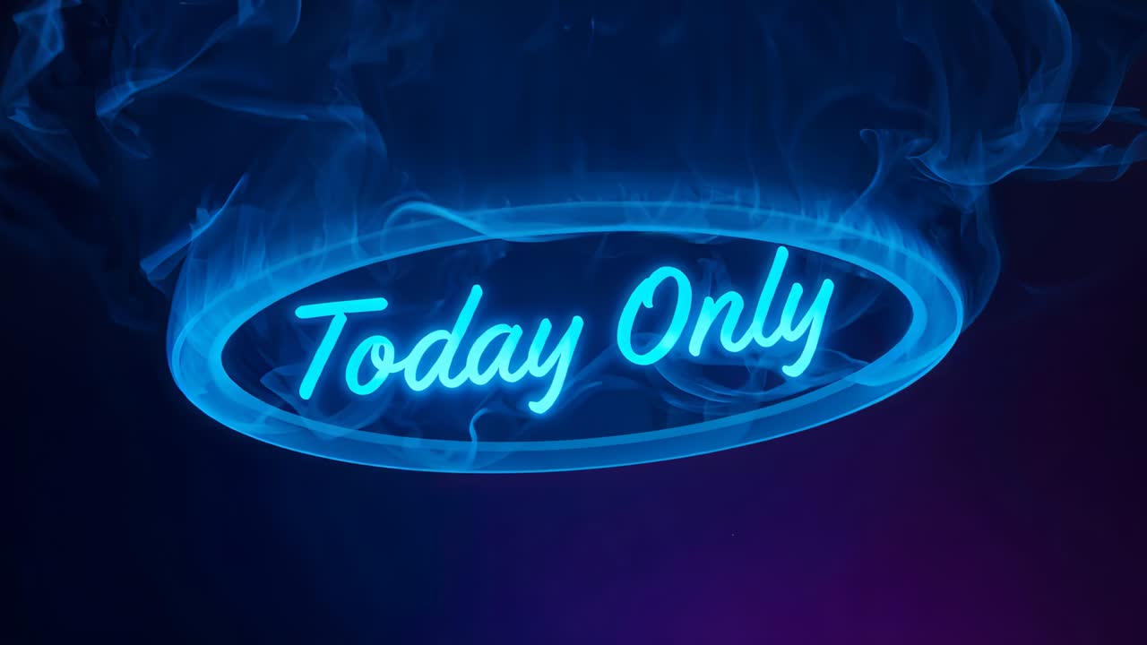 Playing animation, neon sign glowing, smoke drifting around ring highlighting Today Only in studio
