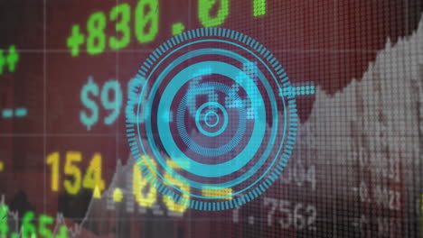 animación de un escáner redondo sobre el procesamiento de datos del mercado de valores contra un fondo gris