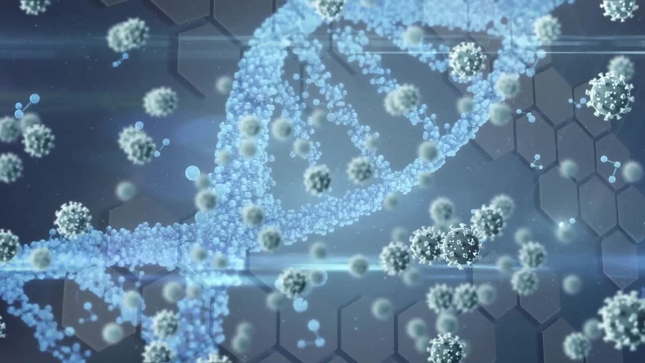 Animation of covid cells floating with white dna strain spinning