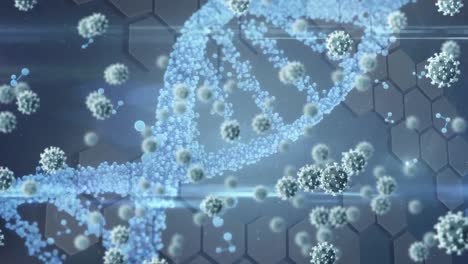 Animation-Von-Schwebenden-Covid-Zellen-Mit-Rotierendem-Weißen-DNA-Stamm