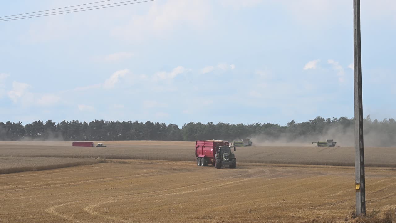 A large wheat field is bustling with agricultural activity as multiple combine harvesters and a tractor with a red trailer work under a partly cloudy sky