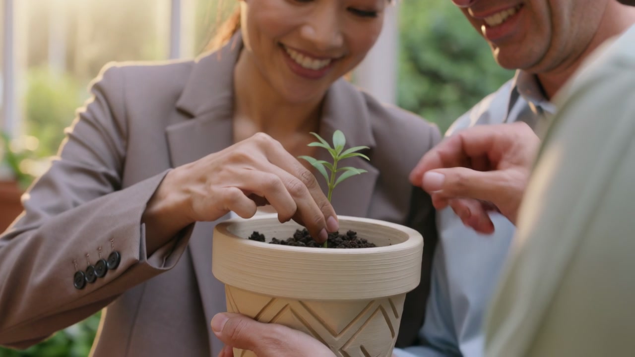 Bringing seedling, woman in blazer placing into pot, man in shirt pressing soil, planting on patio
