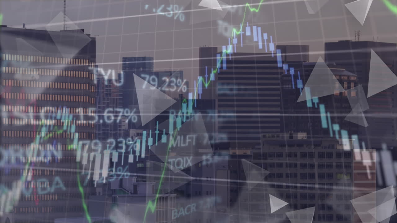 animación de formas triangulares y procesamiento de datos del mercado de valores frente a una vista aérea del paisaje urbano