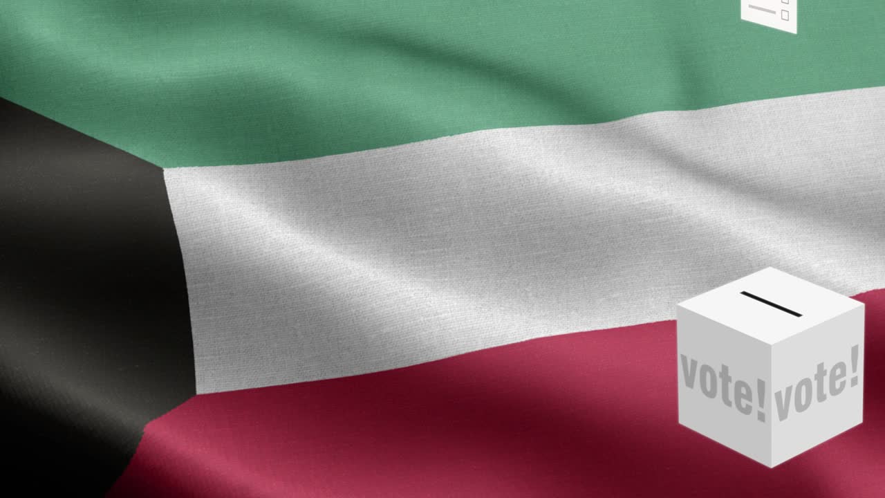 las papeletas de votación vuelan a la caja para la selección de kuwait - caja de votación frente a la bandera - elección - voto - bandera de kuwait - bandera de kuwait alto detalle - bandera nacional de kuwait patrón de ondas elementos loopables - textura de tela y bucle sin fin