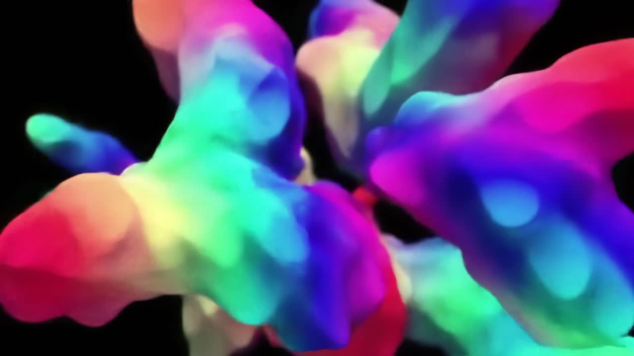 A Vibrant Exploration of Colorful Fluid Dynamics: Transitions Through Rainbow-Like Forms Floating in a Dark Background