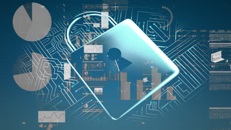 padlock over computer circuit board and moving data