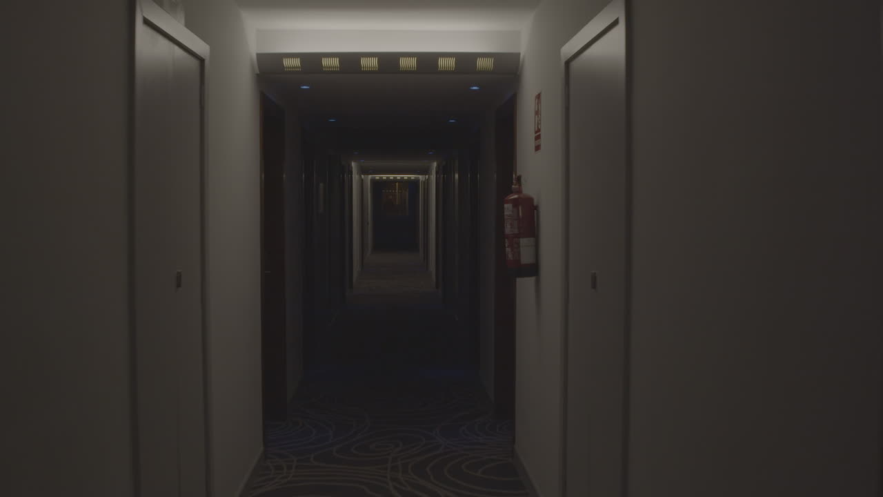 el pasillo oscuro del hotel por la noche.
