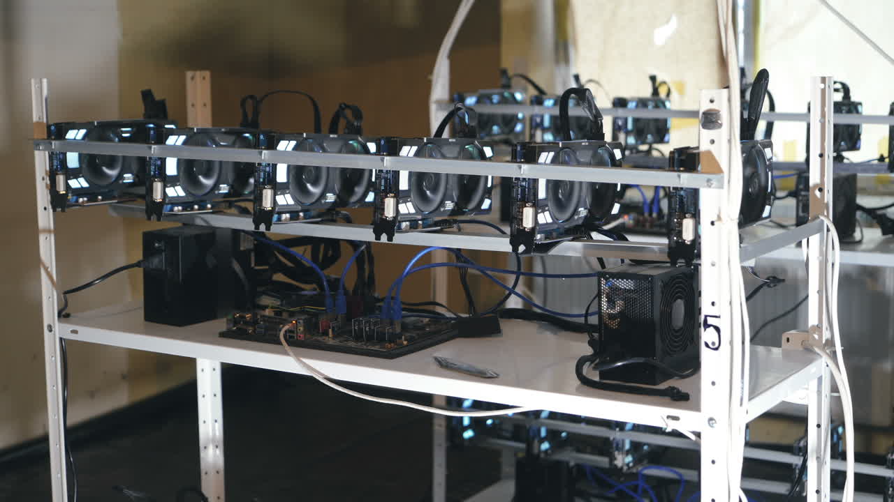 Farm for mining crypto currency on video cards. Computer for Bitcoin and cryptocurrency virtual mining. Crypto farm.