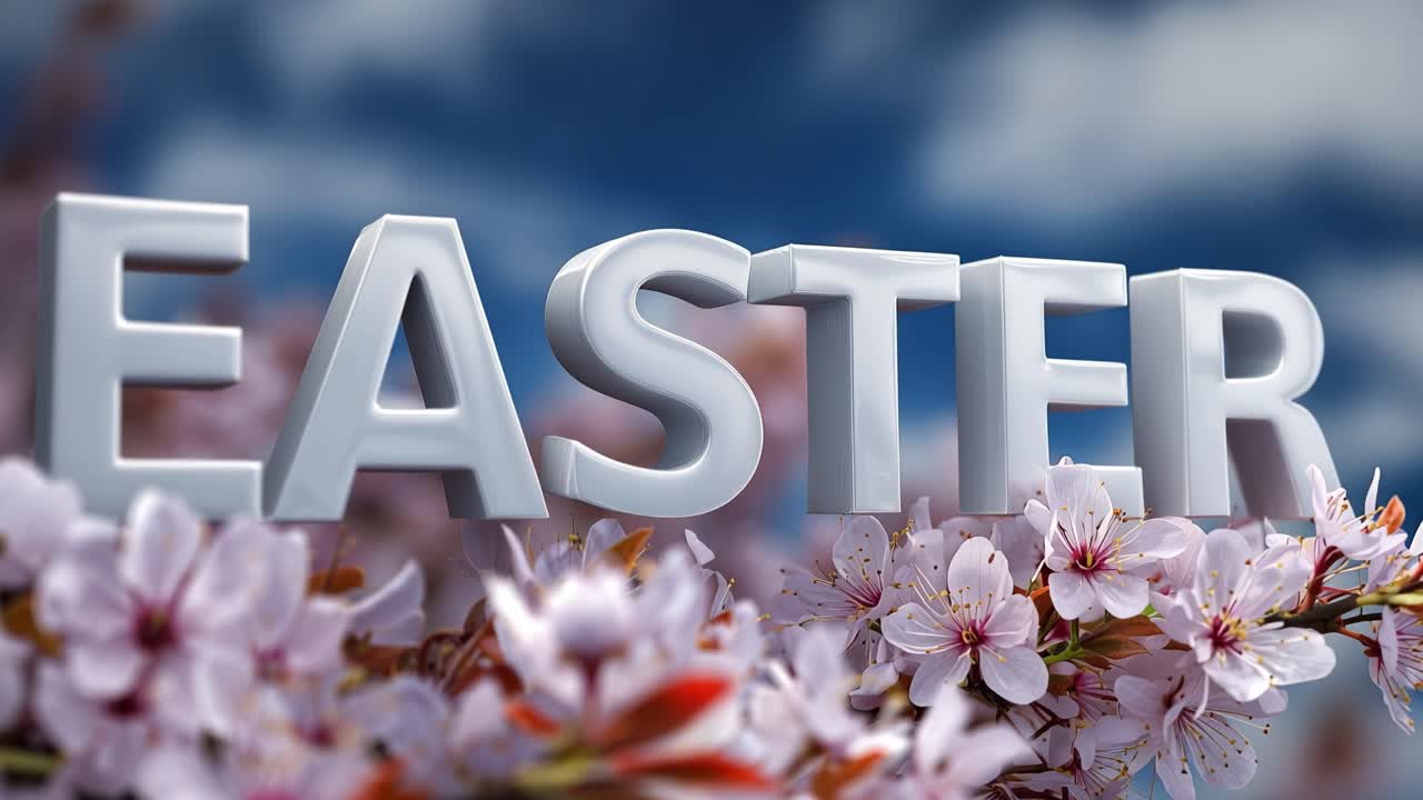 Soft pink blossoms frame bold white letters spelling "EASTER." Bright sky behind adds warmth and spring energy. Crisp focus draws attention to text and delicate flowers