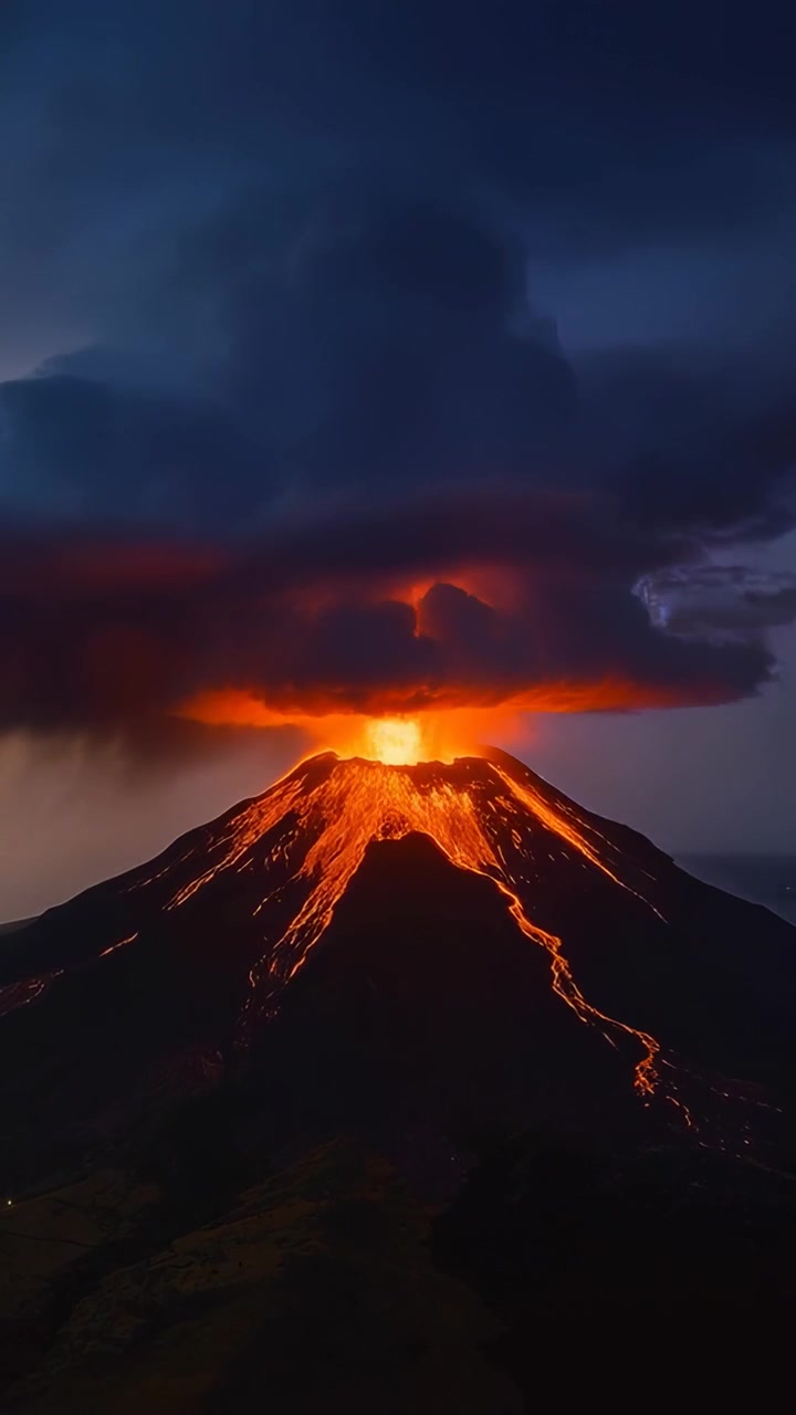 Vertical video: Erupting summit sending lava and ash plume after magma surge at dusk with lightning