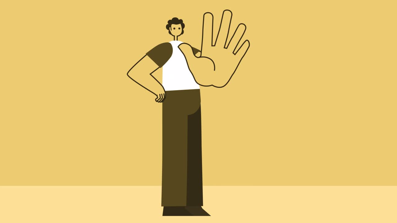Yellow Style Man Flat Character Stop Hand Gesture. Isolated Loop Animation with Alpha Channel
