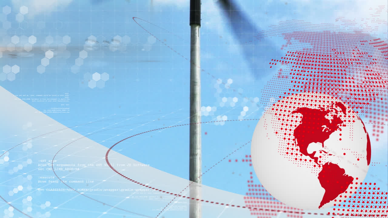 풍력 터빈을 통해 지구와 세계 지도 데이터 처리의 애니메이션