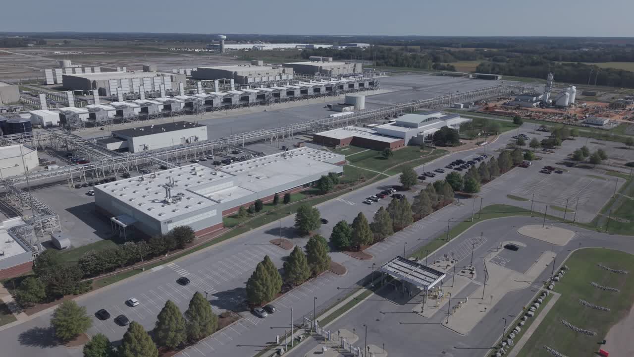 Google Data Center Facility Building For Artificial Intelligence And IT Infrastructure, Aerial Parallax Shot