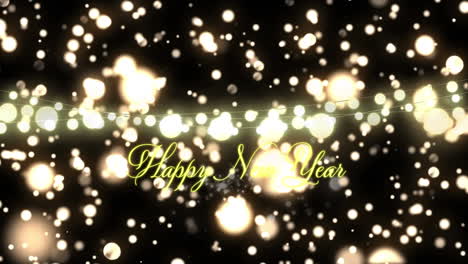 animation of happy new year text with glowing strings of fairy lights
