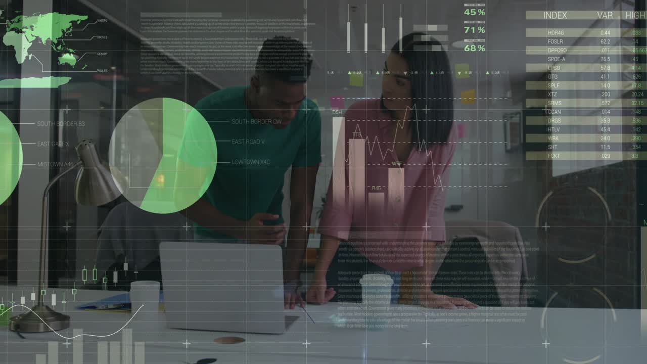 Stock indices appearing, driving man and woman analysts confirming insights via animated charts