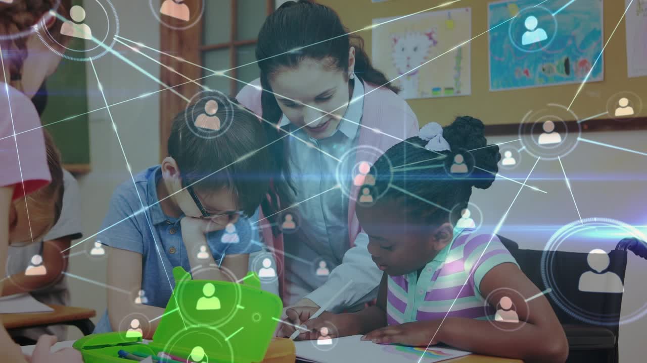 Animation of network of profile icons over caucasian female teacher and students at school