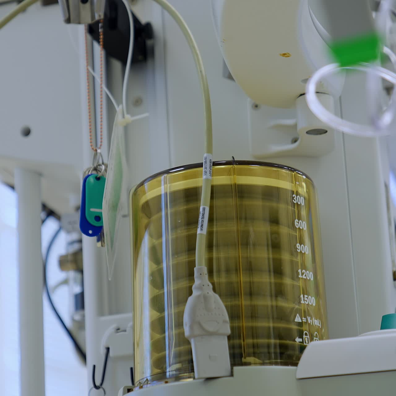 Medical equipment in the intensive care unit. Machine pumping air to the lungs of a patient under surgery. Low angle view