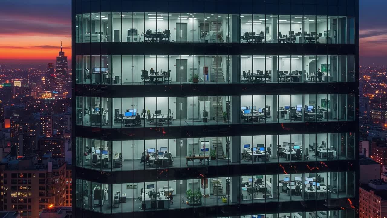 Dusk Over Urban Office: A Serene View of an Office Building Illuminated by Desks and Computers, Showcasing an Industry's After-Hours Activity