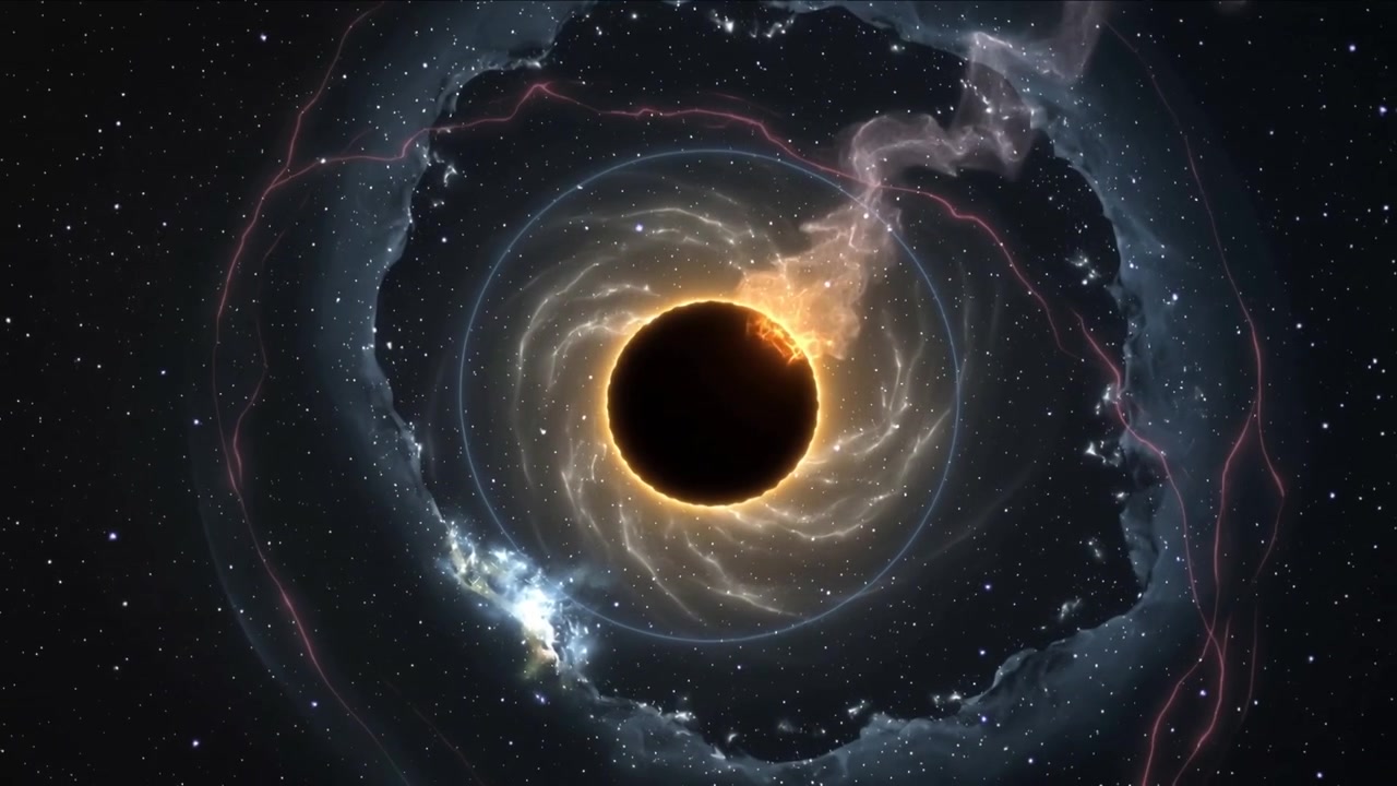 Flare expanding, central core emitting pink plume and pulsing ring during accretion in space