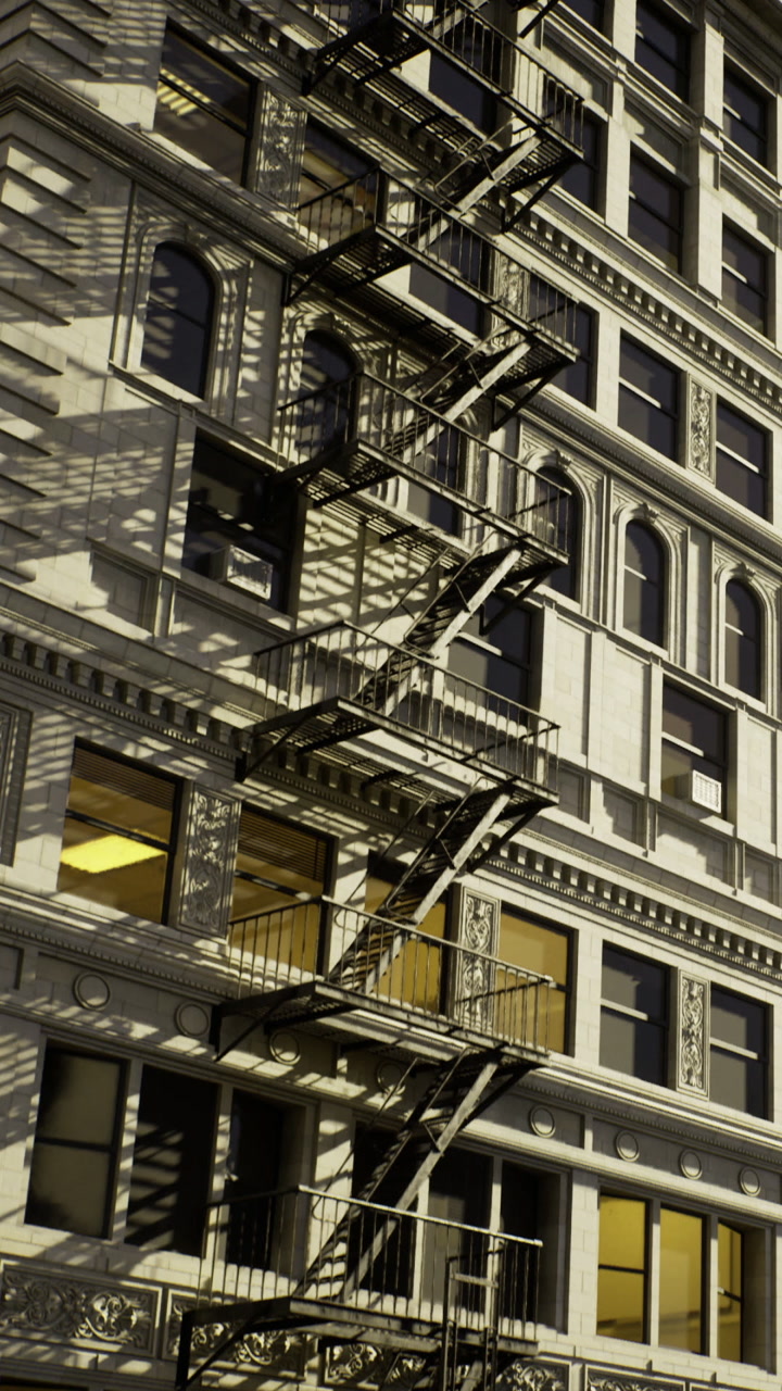 Fire escape on a building with shadows in the afternoon light