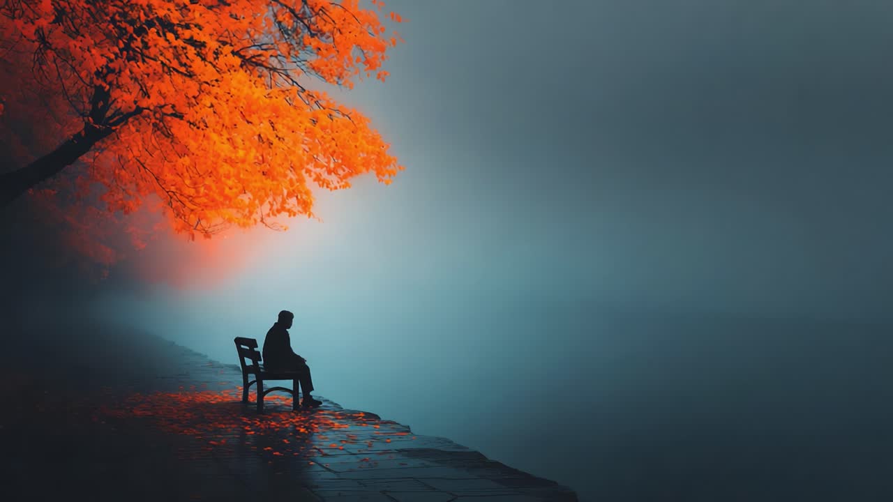 A Solitary Figure Sits Contemplatively on a Bench Beneath a Vibrant Autumn Tree as Mist Envelops the Serene Waters, Creating a Dreamlike Atmosphere