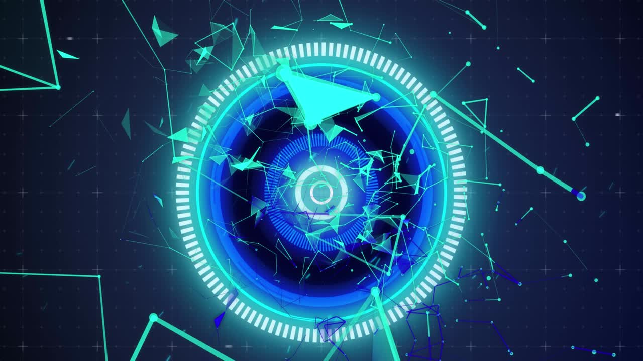 파란색 배경에 반이는 네온 둥근 스캐너에 대한 연결 네트워크의 디지털 애니메이션