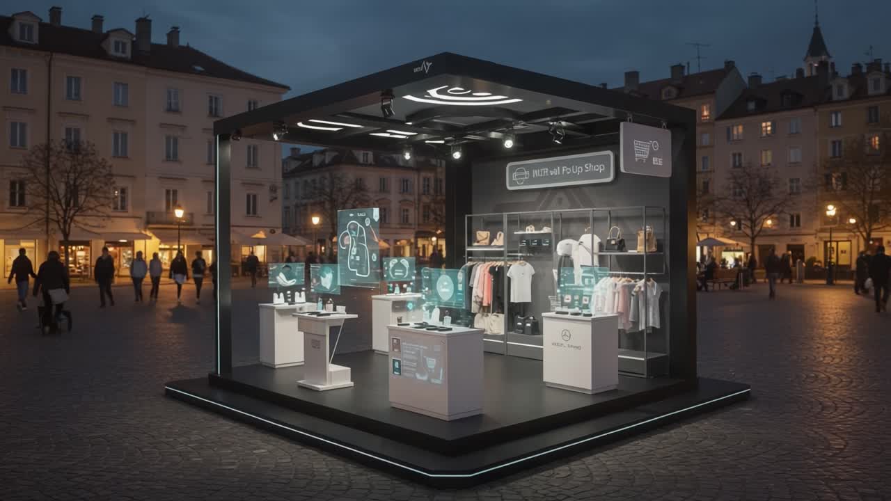 A Modern Retail Pop-Up Shop at Dusk Showcasing Innovative Merchandise and Engaging Displays in a Vibrant Urban Setting