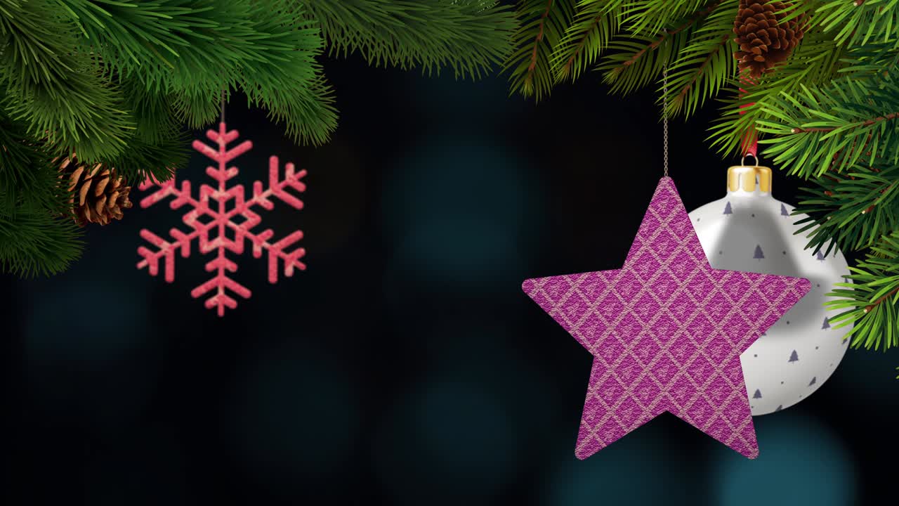 los adornos de navidad y los pinos se balancean en un fondo bokeh en bucle