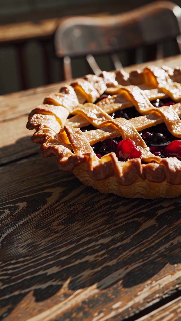 Torta di frutta appena sfornata su un tavolo di legno rustico alla luce del sole