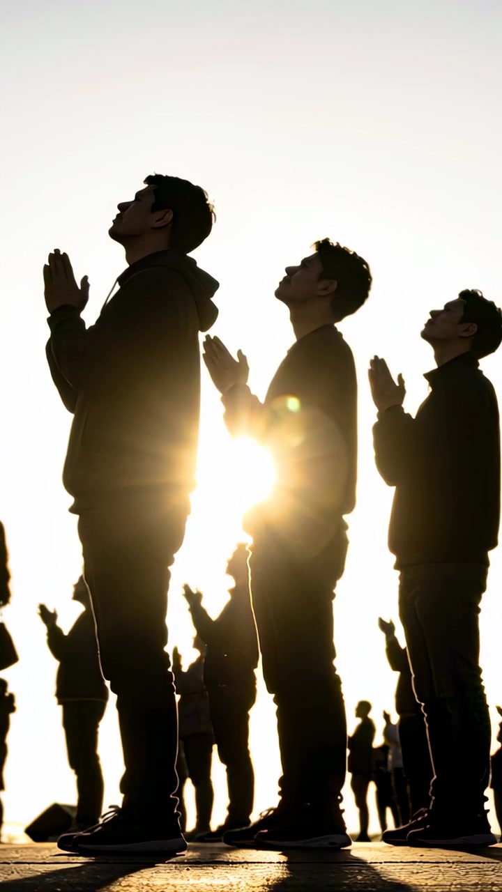 Vertical video: Standing three men praying at plaza, sun shifting and creating flare on silhouettes