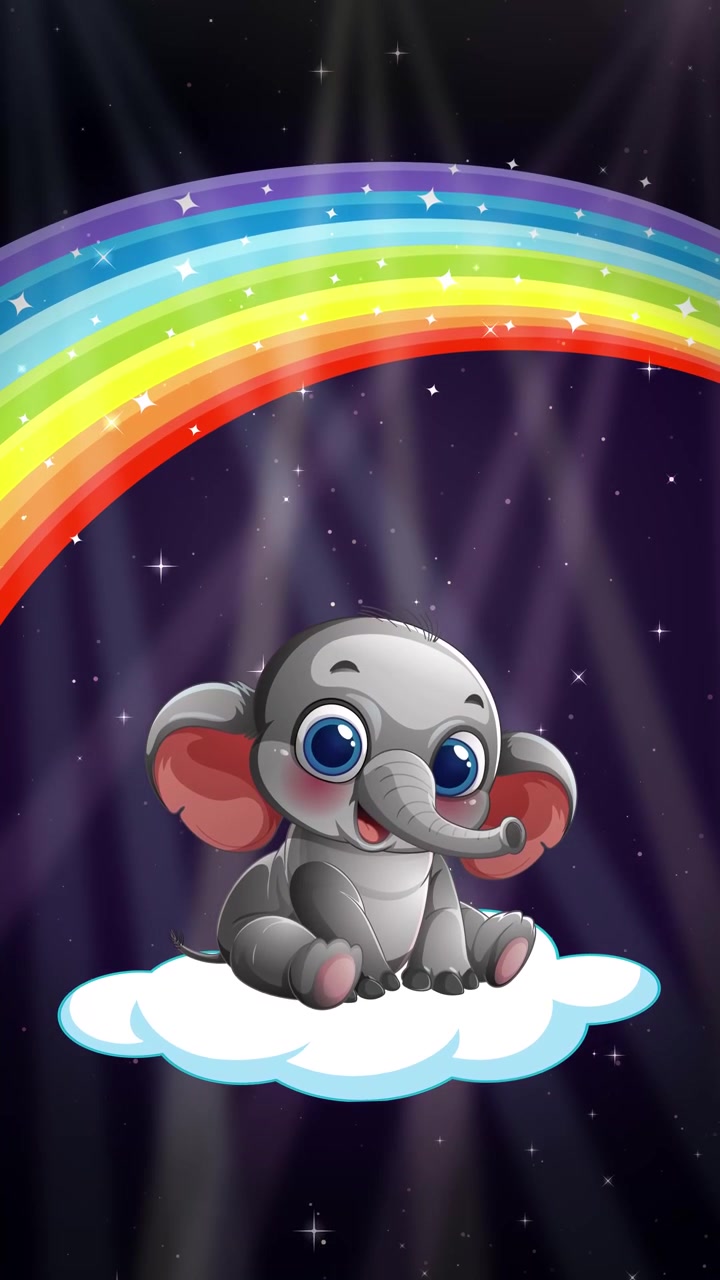 Animated baby elephant floats on a cloud under a rainbow with sparkling night sky background.