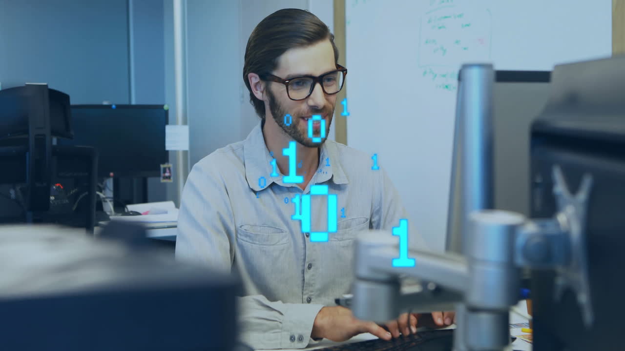 animación de procesamiento de datos de codificación binaria sobre empresario caucásico en la oficina