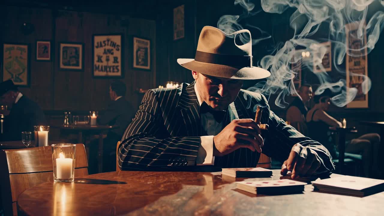 A vintage noir-style video scene shows a man in a suit and hat at a dimly lit table, with smoke