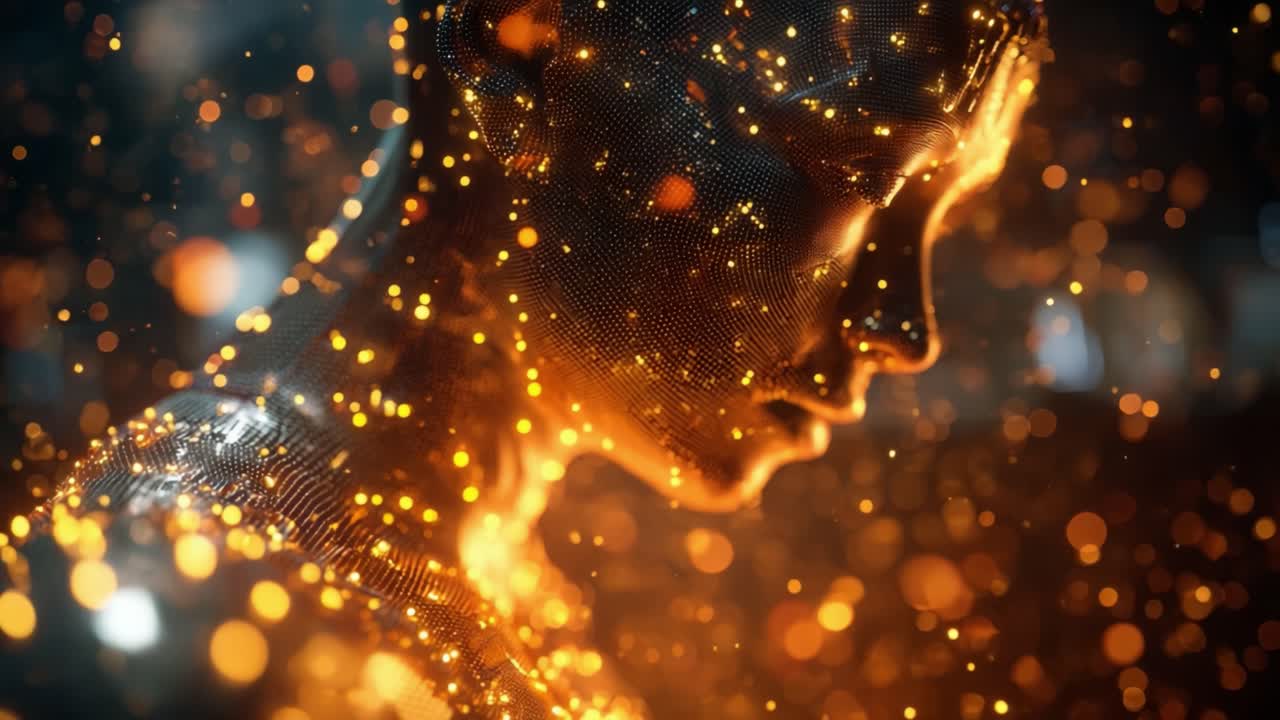 A mesmerizing fusion of technology and artistry, showcasing a humanoid figure with a stunning illuminated exterior, surrounded by a swirl of glittering particles and vibrant energy