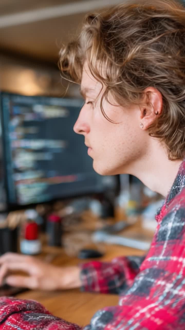 Focused Programmer Engaged in Coding Task at Modern Workspace, Demonstrating Concentration and Skill while Working on Software Development Projects