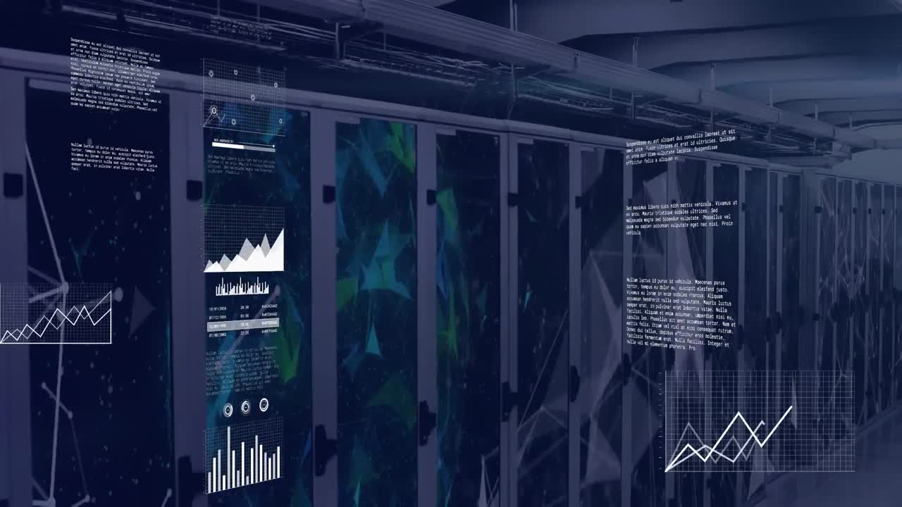 Animation of graphs, map, globe and connected dots over data server room