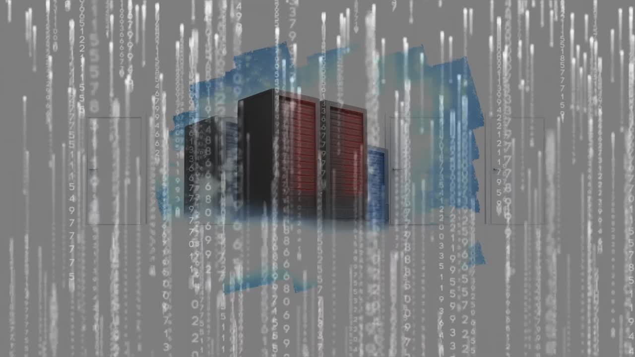 Animation of falling lights over servers and white background